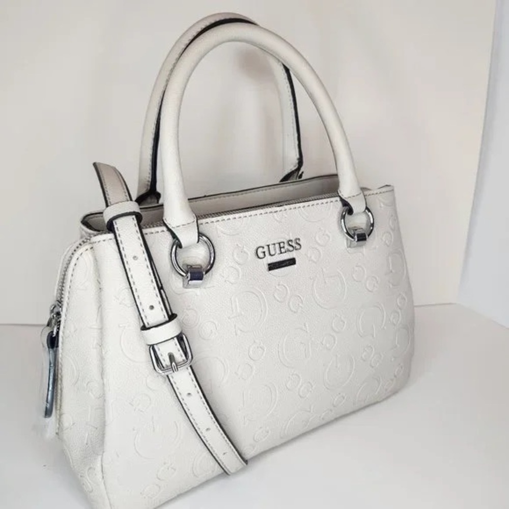 GUESS White Embossed Logo Satchel Crossbody Purse Silver Hardware